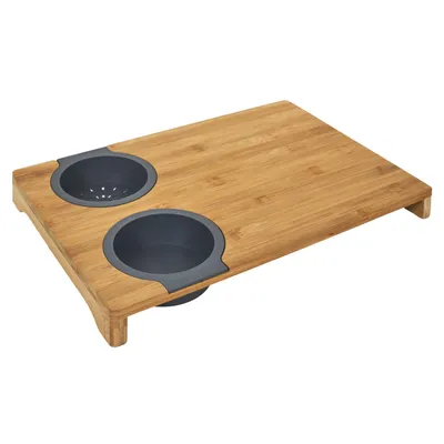 Produktbild von Bambus Küchen-Schneidebrett mit Silikonbehältern - 40 x 28 x 4 cm - Multifunktional Schneidebrett - Braun