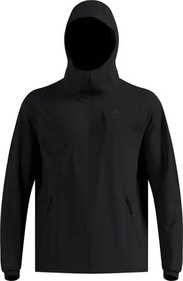 Schwarze winddichte Odlo Zeroweight X-Warm Jacke mit Kapuze und Reißverschlusstaschen vorne
