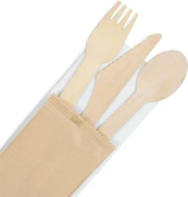 Immagine prodotto di Posate in legno forchetta coltello cucchiaio biodegradabile BIOZOYG 16 cm 400 pz