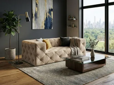 Zdjęcie produktu dla Żółta, pikowana sofa dwuosobowa, klasyczny model Chesterfield, do salonu