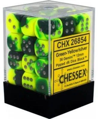 Zdjęcie produktu dla Chessex Gemini 12mm d6 Dice Blocks with pips Dice Blocks (36 Dice) - Green-Yellow w/silver