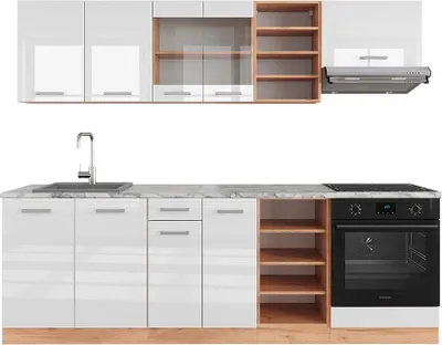 Produktbild von Küchenzeile Vicco R-Line Weiß Hochglanz/Goldkraft Eiche 240 cm , AP Marmor, Model 43319