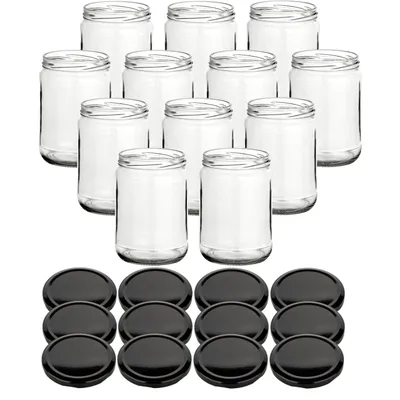 Produktbild von gouveo 12er Set Einmachgläser 580 ml Klassik mit Schraubdeckel schwarz BS - Vorratsgläser mit Drehverschluss TO82 - Leere Einkochgläser zum Befüllen