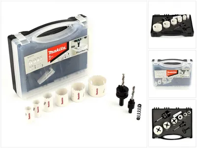 A set of Makita hole saws and accessories are displayed on a white background, with additional product shots in smaller frames.