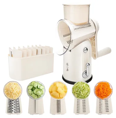 Rotierende Käseraspel 5-in-1 mit Handschnur, Trommelbox, Julienne-Schneider