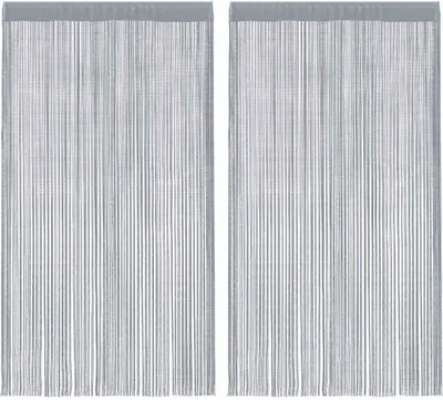 Two light gray string curtains hanging side-by-side against a white background.