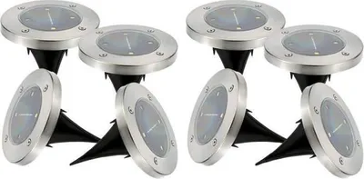 Immagine prodotto di Faretti solari a LED, acciaio inossidabile, da incasso o con picchetto, bianco freddo, Ø 12 cm, set da 8 pezzi