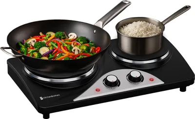Produktbild von KitchenBrothers Elektrische Kochplatte - 2 Kochfelder - Freistehend - 7 Temperaturstufen - 1500W + 1000W - Schwarz