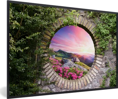 Produktbild von MuchoWow® Gerahmtes Poster Landschaft - Blumen - Aussicht - Berg 90x60 cm - Poster mit Schwarzem Bilderrahmen Wandposter Rahmen Foto Bilder - Fotorahmen - Foto-Plakat