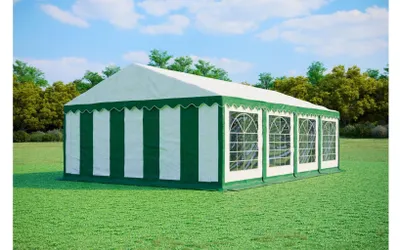 Produktbild von Partyzelt 5x8 m STANDARD – PVC-Plane 500 g/m², flammhemmend, verzinkte Stahlrohre Ø38 mm, bis 80 Personen - Grün-Weiß