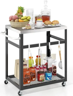 Immagine prodotto di Carrello da cucina e da barbecue KOMFOTTEU con piano di lavoro in acciaio inossidabile, carrello di servizio in metallo con portasciugamani e 4 ganci, 83,5 x 50,5 x 84,5 cm
