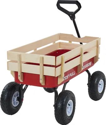 Produktbild von SucceBuy Handwagen für Kinder, 102 cm Bollerwagen, Transportwagen mit Schiebestange, aus Holz und Metall, bis zu 150 kg belastbar, geeignet für Kinder ab 5 Jahren, ideal für Garten, Ausflüge und Strand, in Rot und Schwarz