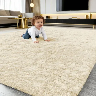Produktbild von Hochflor Teppich Wohnzimmer Waschbar 120x160 cm Beige