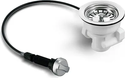 A sink drain assembly with a strainer basket and a cable-operated plug.
