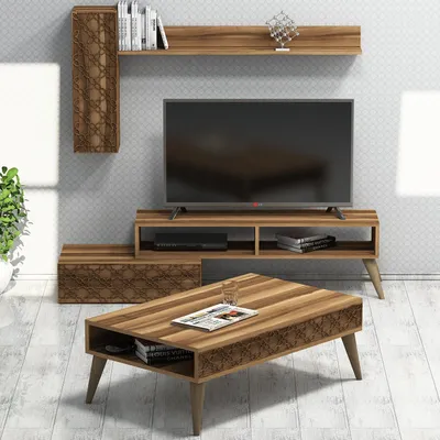 Produktbild von Skye Decor, Planet - Walnut, Walnut, Wohnzimmermöbel-Set, Nussbaum, 100 % MELAMINBESCHICHTETE SPANPLATTEN, 150 x 38 x 37 cm