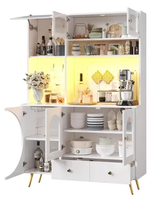 Image de Armoire de cuisine avec éclairage LED, ports USB et prises électriques, dimensions 120x40x176 cm, couleur blanche