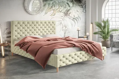 Obrázek produktu pro Čalouněná postel 140x200 cm Felix - design Glamour Chesterfield, manželská postel s roštem a čelem, sametová látka (béžová - Amor Velvet 4323)