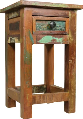 Beistelltisch Kalkutta aus Massivholz mit Schublade in Shabby-Chic-Optik, Gesamtansicht.