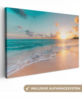Produktbild von MuchoWow® - Leinwandbilder - Sonnenuntergang - Strand - Meer - Sommer - Blau, Wandbild, Wanddeko Bilder Wohnzimmer, 30x20 cm
