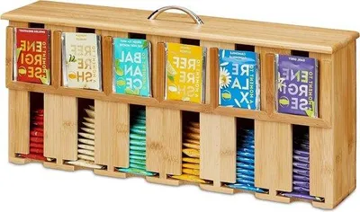 Produktbild von Famanu Teebox 6 Fächer aus Bambus - Teebeutel aufbewahren - HxBxT ca. 22 x 46,5 x 10,5 cm - Natur/Silber