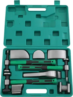 Produktbild von Ausbeulwerkzeug Auto - 9-tlg Karosserie Reparatur Set - Hammer & Amboss - 45# Stahl - Werkzeugkoffer 42×29,6×8 cm - Grün