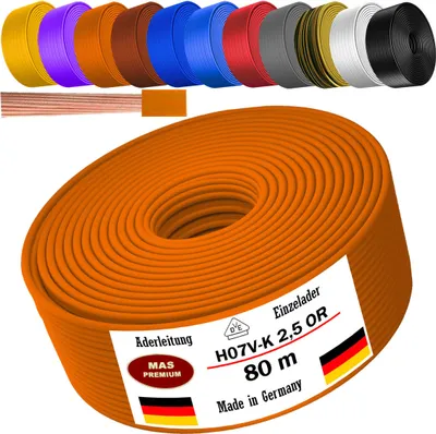 Immagine prodotto di Cavo di alimentazione da 80 metri, tipo H07 V-K OR, sezione 1x2,5 mm², colore arancione, monofilo, flessibile
