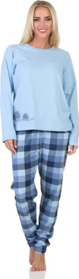 Produktbild von Normann Damen Jersey Schlafanzug langarm Pyjama mit karierter Hose und Tiermotiv ; hellblau , 44