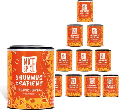Produktbild von NICE SPICE Hummus Sapiens Gewürz, 10 Dosen (10 x 45g), Perfekt für Hummus, 11 erlesene Zutaten inklusive weißem und schwarzem Sesam sowie Chilipulver, Genuss für Hummus-Liebhaber