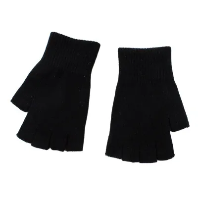 Produktbild von 1 Paar schwarze Halbfingerhandschuhe für Damen und Herren, Wollgarn-Strickhandschuhe, einfarbig, elastisch, warm, für Reiten, Sport, Workout, Fäustlinge, Schwarz, L