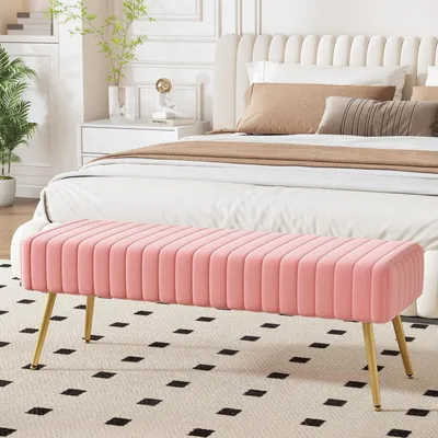 Immagine prodotto di Panca imbottita da 113,5 cm, rivestita in velluto rosa con gambe in legno, ideale per ingresso, camera da letto o soggiorno