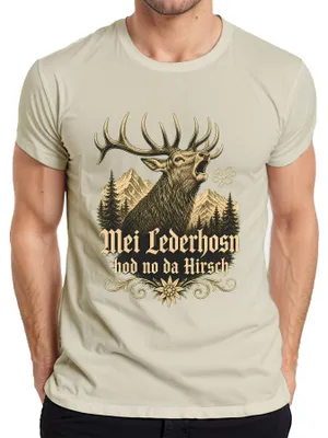 Imagen del producto de Camiseta para hombre de la marca Mei Lederhosn, modelo "Hirsch Bayern Lederhose Alpen", color natural, talla L
