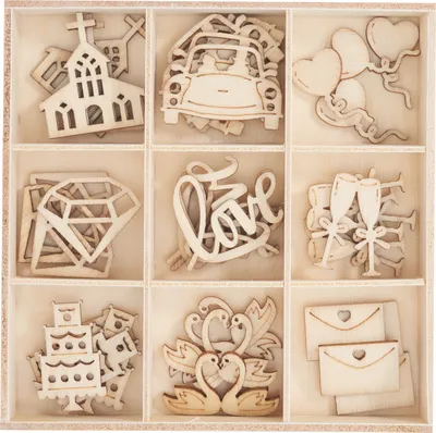 Produktbild von Papermania Holz Streuteile Hochzeit 45 Stück 0.1 cm dick 1.4 bis 3.0 cm groß