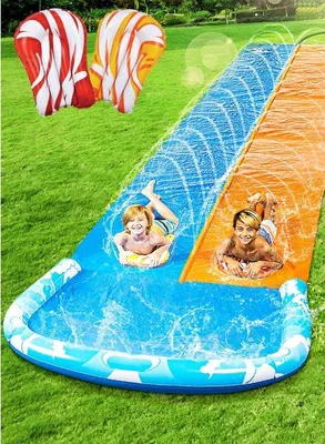 Produktbild von Unyqoos® Doppel‑Wasserrutsche für Garten – 7 m (700 x 157,5 cm) mit Sprinkler & 2 aufblasbaren Bodyboards 50 x 35,5 cm