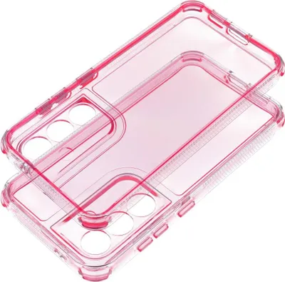 Two identical pink transparent phone cases are stacked on top of each other against a white background.