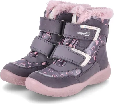 A pair of children's winter boots with a heart pattern.