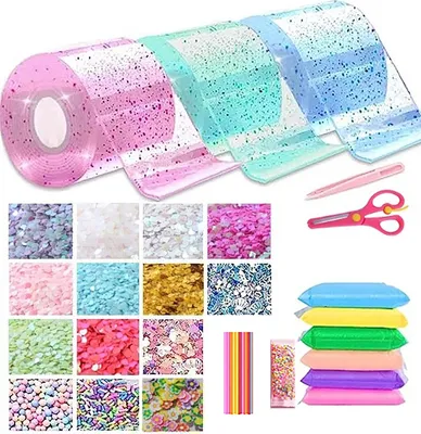 Produktbild von Set 300 cm Nano-Klebeband-Blasenspielzeug mit Strohhalm-Anhänger-Aufkleber, Inflator, Pinzette, Klebstoff, lustiger Stressabbau, DIY-Bastelspielzeug-Set, Kindergeschenk
