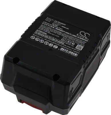 A black battery pack with red accents is shown against a white background.