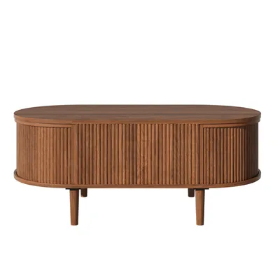 Produktbild von Merax Ovaler Couchtisch mit Wellenoptik, höhenverstellbare Wohnzimmetisch mit Stauraum, Sofatisch aus MDF und Kiefernholz, Nussbaum