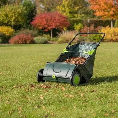 Produktbild von Manuelle Gartenkehrmaschine - Rasenkehrer für Blätter und Gras - 55 cm Arbeitsbreite - 103 L abnehmbarer Fangkorb - Höhenverstellbar - Grün