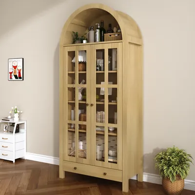 Produktbild von okwish Bogenförmiger Hochschrank mit Vitrinentüren und Schublade, Küchenschrank mit höhenverstellbaren Einlegeböden, offener Stauraum,Natur