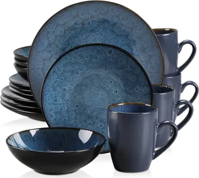 Obrázek produktu pro Jídelní servis Happyment Luxe – 4 osoby – porcelán – 16 dílů – modrý – talíře, dezertní talíře, polévkové talíře, šálky
