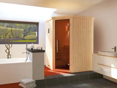 Obrázek produktu pro Finská sauna z masivního dřeva Weka Kiruna GT vel.1 vč. 3,6kW kamen a.integr.ovládání s celoskleněnými dveřmi v grafitové barvě