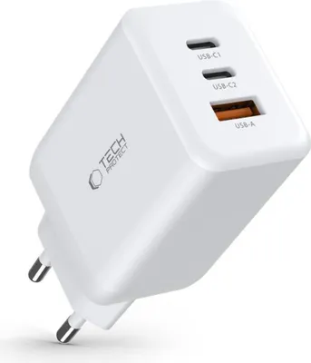 Produktbild von Tech-Protect 65W Multiport Standard-Ladegerät für MacBook Air/Pro, iPhone und iPad - weiß