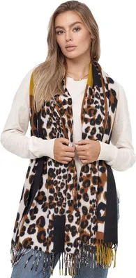 Produktbild von Glamexx24 Damen XXL Schal Kuscheliger warmer Leoparden Muster 3 farbiger Fransen Poncho Schal Oversized Deckenschal Gelb-Orange-Weiß