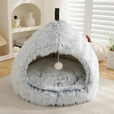 Imagen del producto de Cama para gatitos y perros pequeños, hecha de suave felpa, con cojín desmontable. Dimensiones: 51x51x43 cm. Color: gris