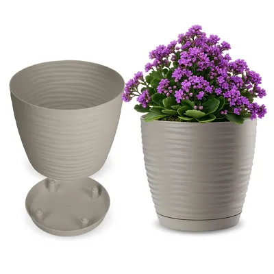 Produktbild von KADAX Blumentopf mit Untersetzer "Temara", Blumenkübel, Pflanztopf aus Kunststoff, Übertopf, rund, 17 cm, Grau