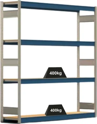 Produktbild von Weitspannregal ELCH Stecksystem T-Profil | Grundregal | HxBxT 200x201x40cm | 4 Ebenen | Spanplatten-Fachboden | Fachlast 400kg | Enzianblau