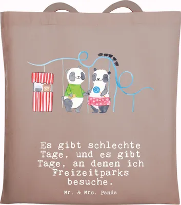 Produktbild von Mr. & Mrs. Panda Stoffbeutel Pandas Freizeitpark besuchen - Braun Pastell - Geschenk, Tote Bag, Schultasche, Laptoptasche, Shopping Tasche, Achterbahn fahren, festival