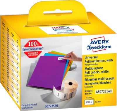 Zdjęcie produktu dla Avery Zweckform - usuwalne etykiety samoprzylepne - białe - 32 x 57 mm 1000 etykiet (1 rolka x 1000) (AS0722540)