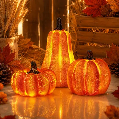 Produktbild von 3 Stück Herbstdeko Halloween Deko Kürbis mit LED Licht,Kürbisdeko Laterne